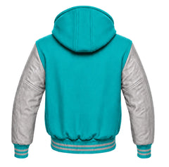 Turquoise and Grey Hooded Varsity Jacket
