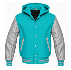 Turquoise and Grey Hooded Varsity Jacket