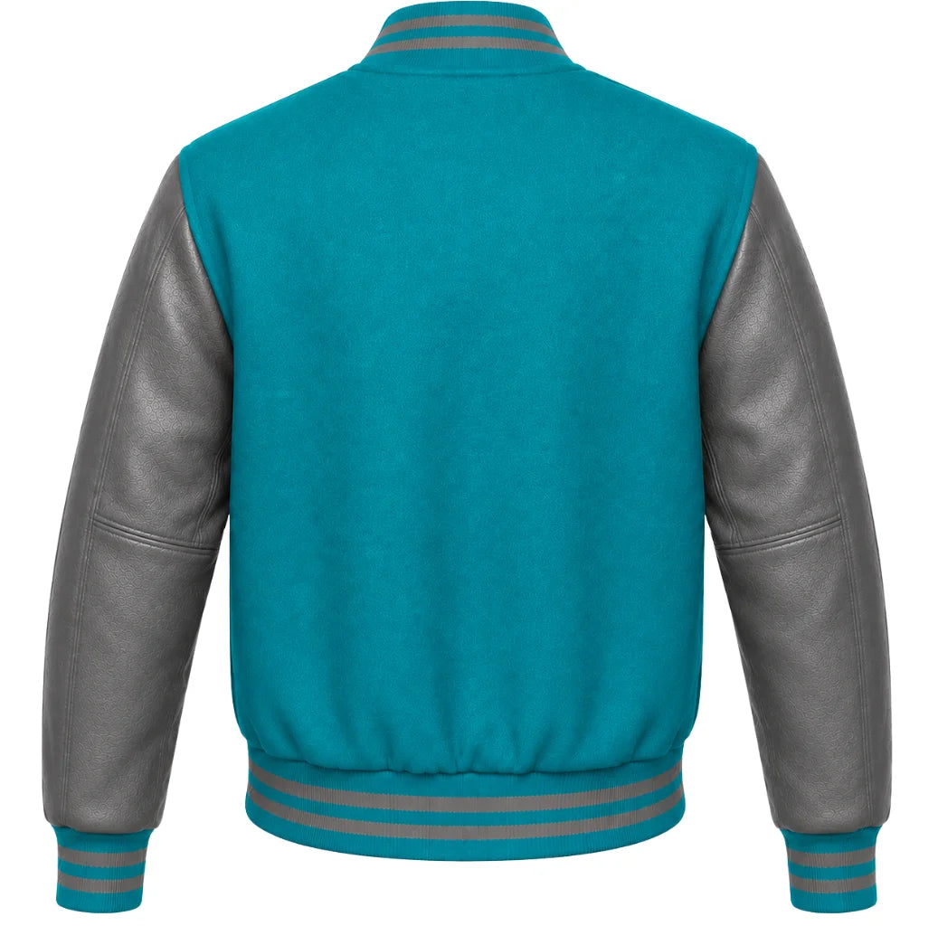 Turquoise wool varsity jacket with grey cowhide sleeves, back view