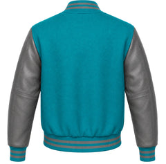 Turquoise wool varsity jacket with grey cowhide sleeves, back view