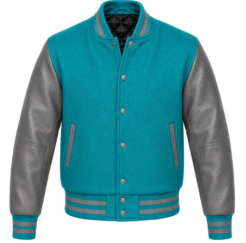 Turquoise melton wool varsity jacket with grey leather sleeves, front view