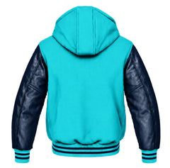 Turquoise and Navy Blue Hooded Letterman Jacket