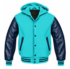 Turquoise and Navy Blue Hooded Letterman Jacket