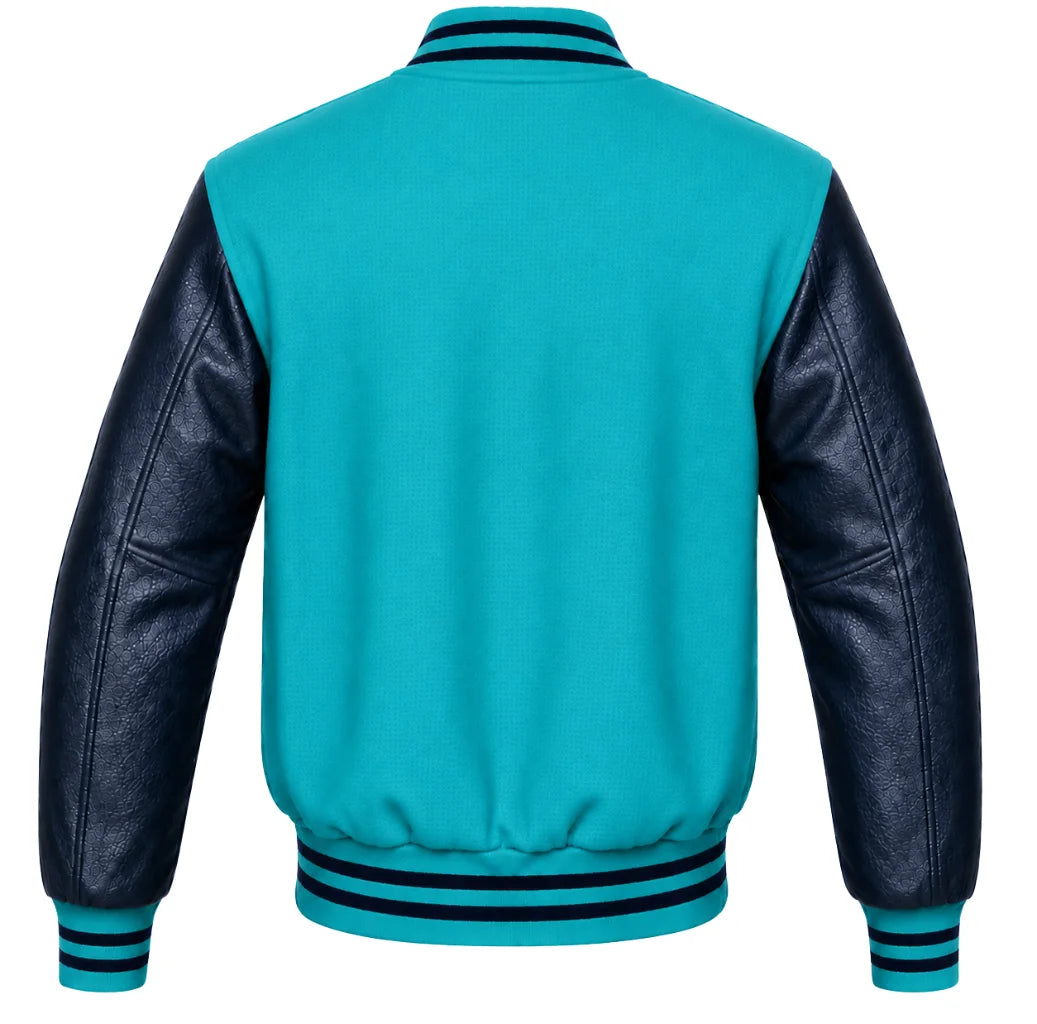 Turquoise wool varsity jacket with navy blue leather sleeves, back view