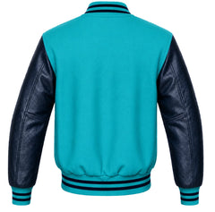 Turquoise wool varsity jacket with navy blue leather sleeves, back view