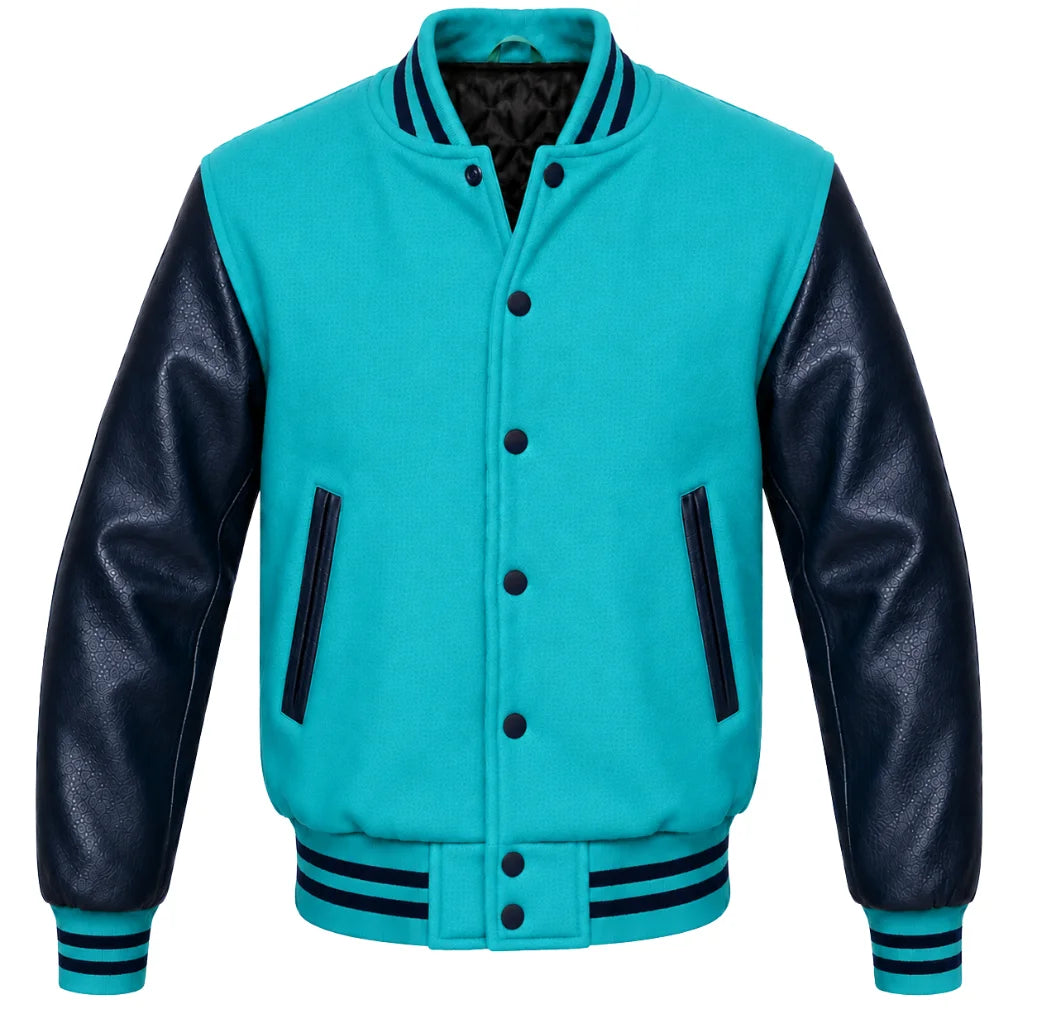 Turquoise melton wool varsity jacket with navy blue cowhide sleeves, front view