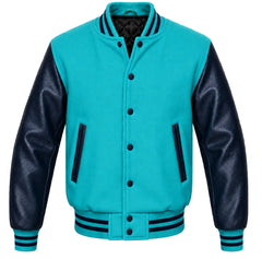 Turquoise melton wool varsity jacket with navy blue cowhide sleeves, front view