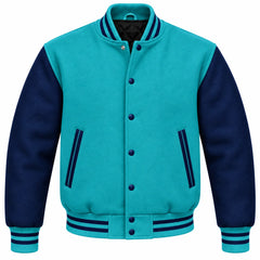 Turquoise and Navy Blue Wool Letterman Jacket
