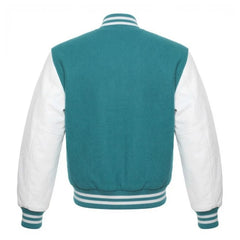 Turquoise and White Varsity Jacket with Wool Body and Leather Sleeves Back Side