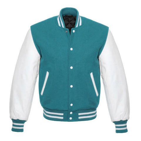 Turquoise and White Varsity Jacket with Wool Body and Leather Sleeves