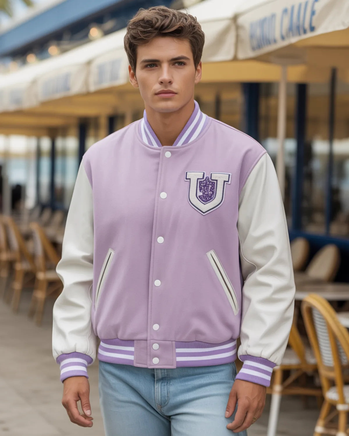 Man wearing a purple and white varsity jacket with a logo, standing outdoors.