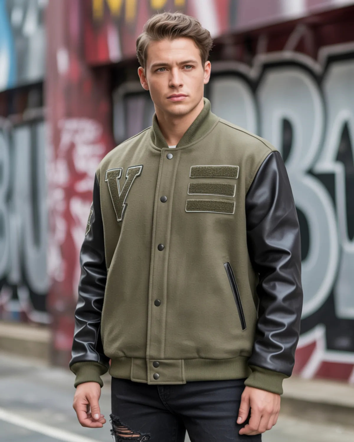 Man wearing a green varsity jacket with black sleeves in front of a graffiti-covered wall.