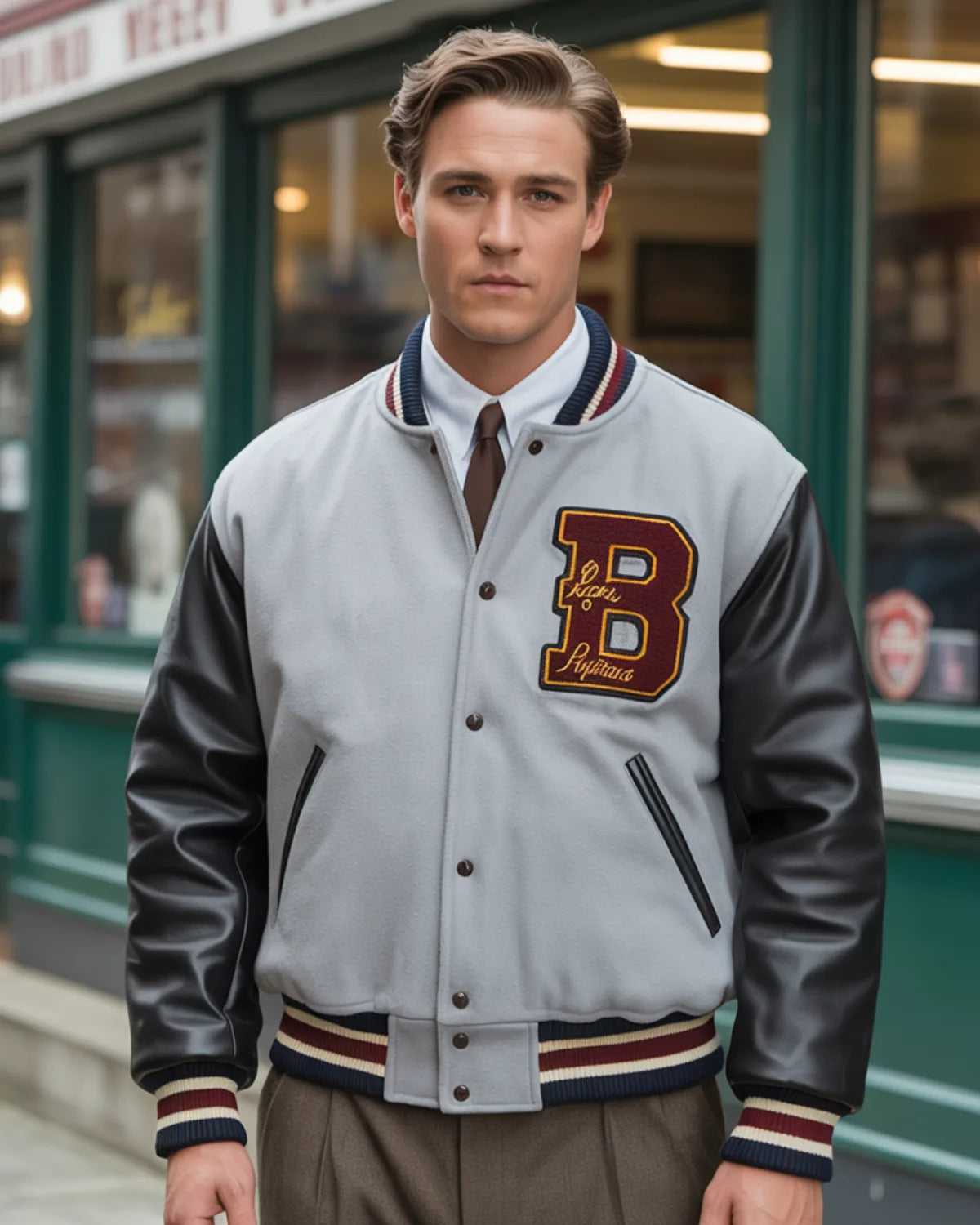 Man wearing a gray and black varsity jacket with a 'B' logo in front of a store.
