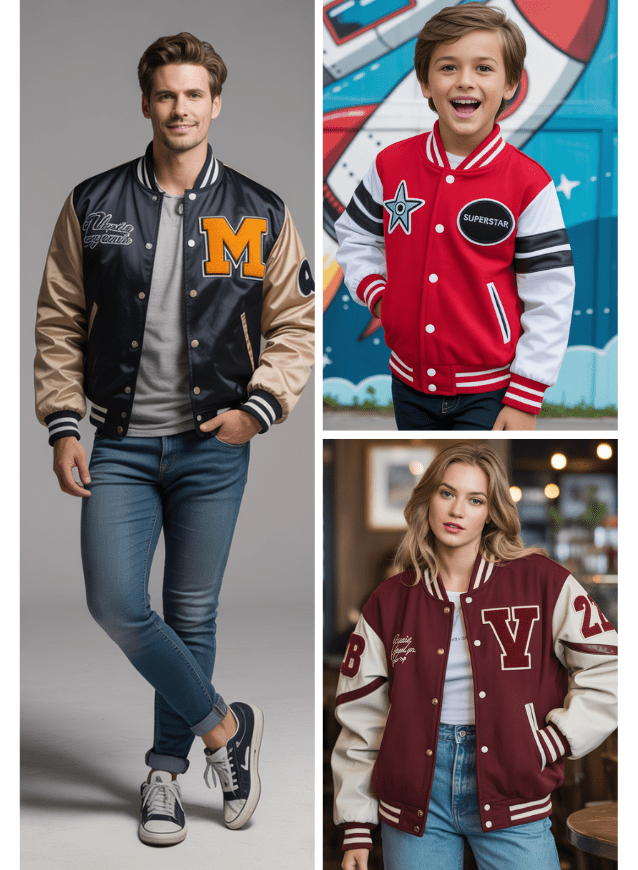 Three people wearing varsity jackets in different styles and colors.