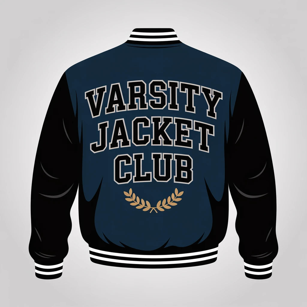 Navy blue varsity jacket with 'Varsity Jacket Club' text on a gray background