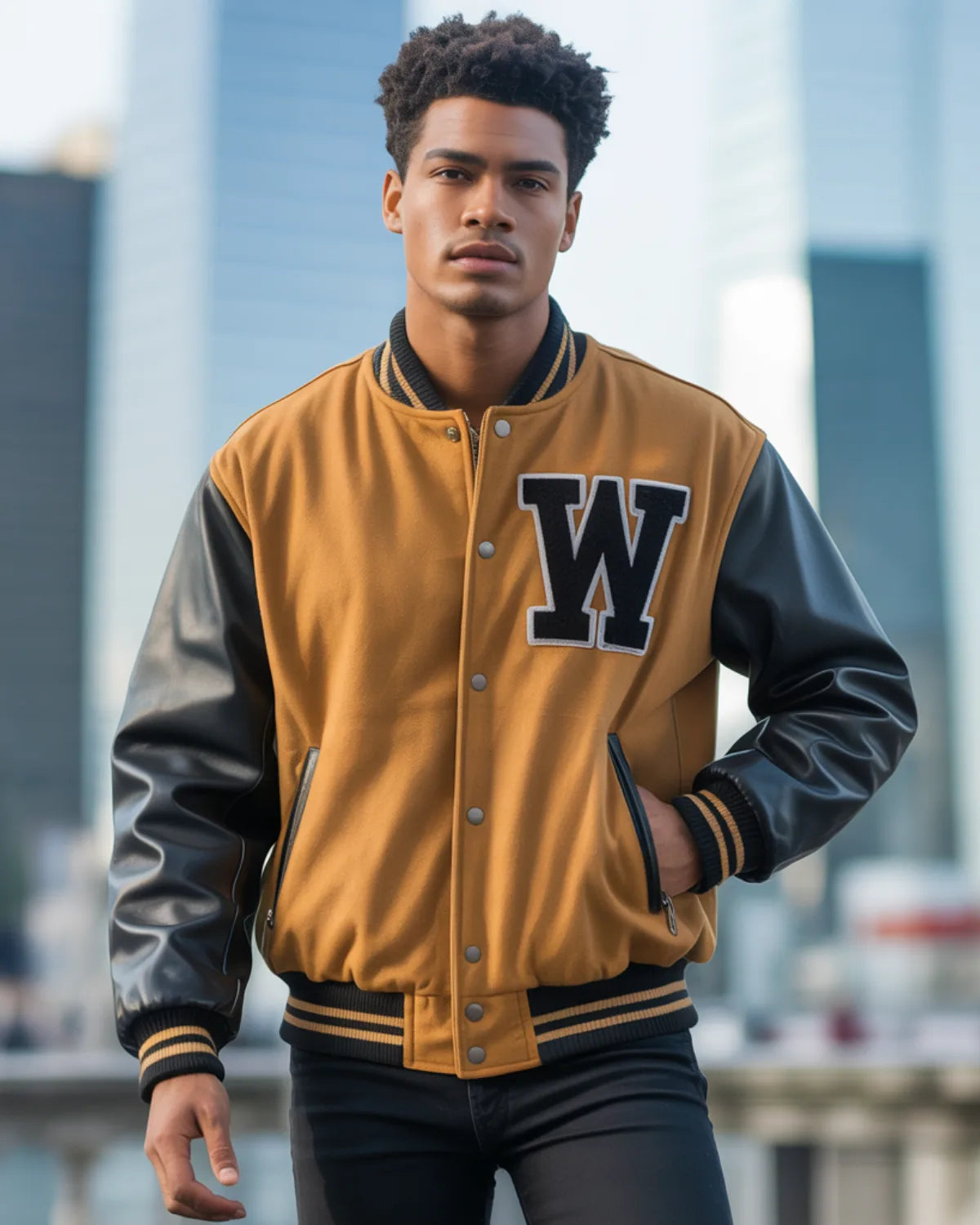 Person wearing a gold and black varsity jacket with a letter 'W' on a blurred cityscape background
