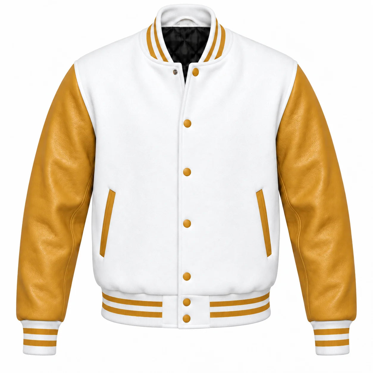 White and Gold Varsity Jacket with Wool Body and Leather Sleeves