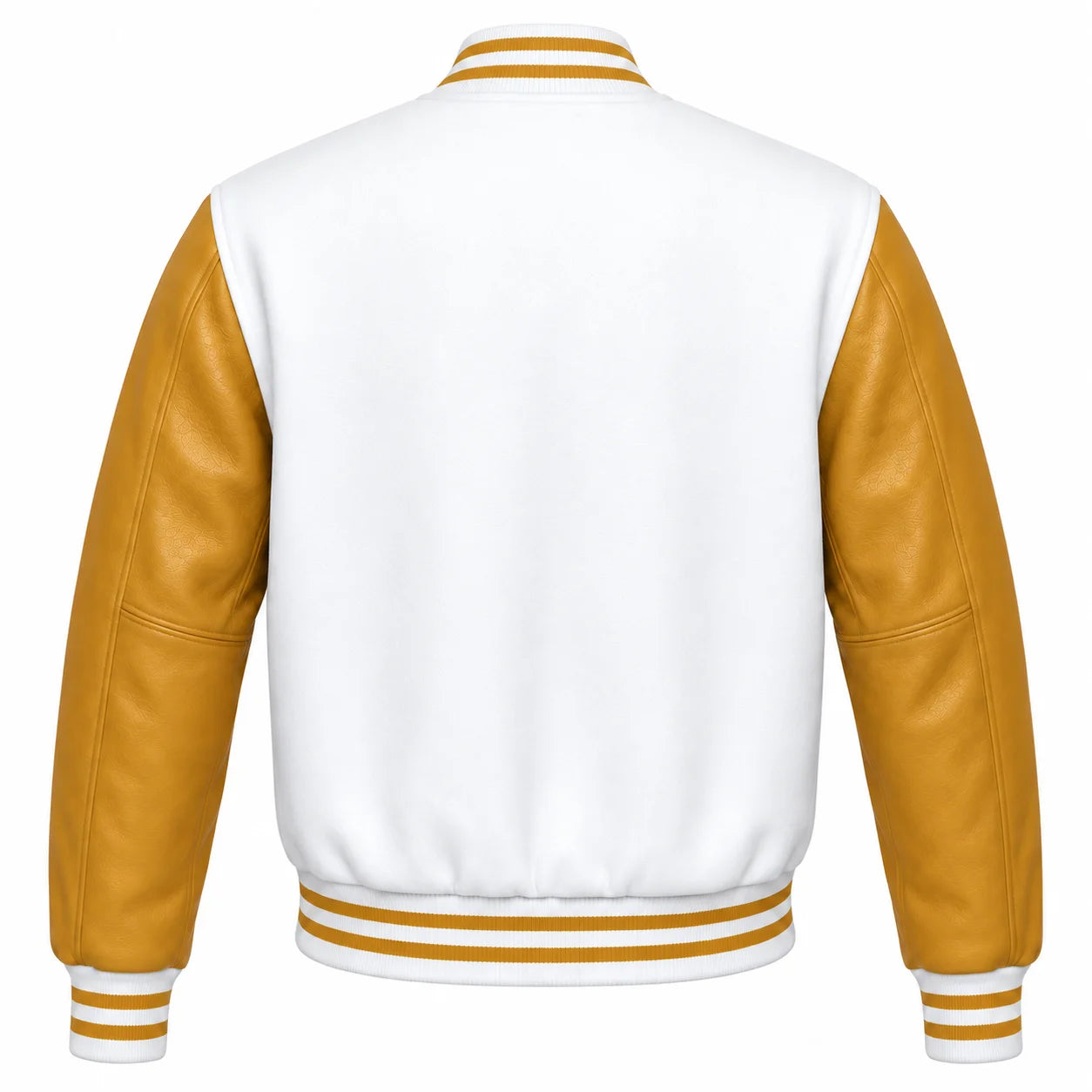 White and Gold Varsity Jacket with Wool Body and Leather Sleeves Back Side