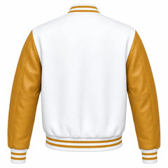 White and Gold Varsity Jacket with Wool Body and Leather Sleeves Back Side
