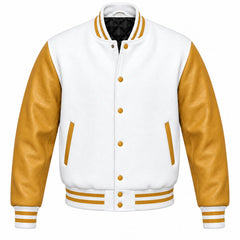 White and Gold Varsity Jacket with Wool Body and Leather Sleeves