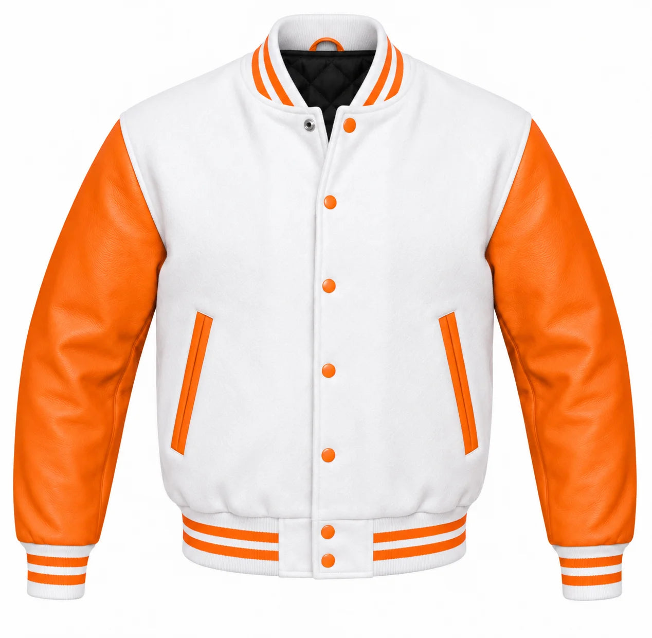 White and Orange Varsity Jacket with Wool Body and Leather Sleeves
