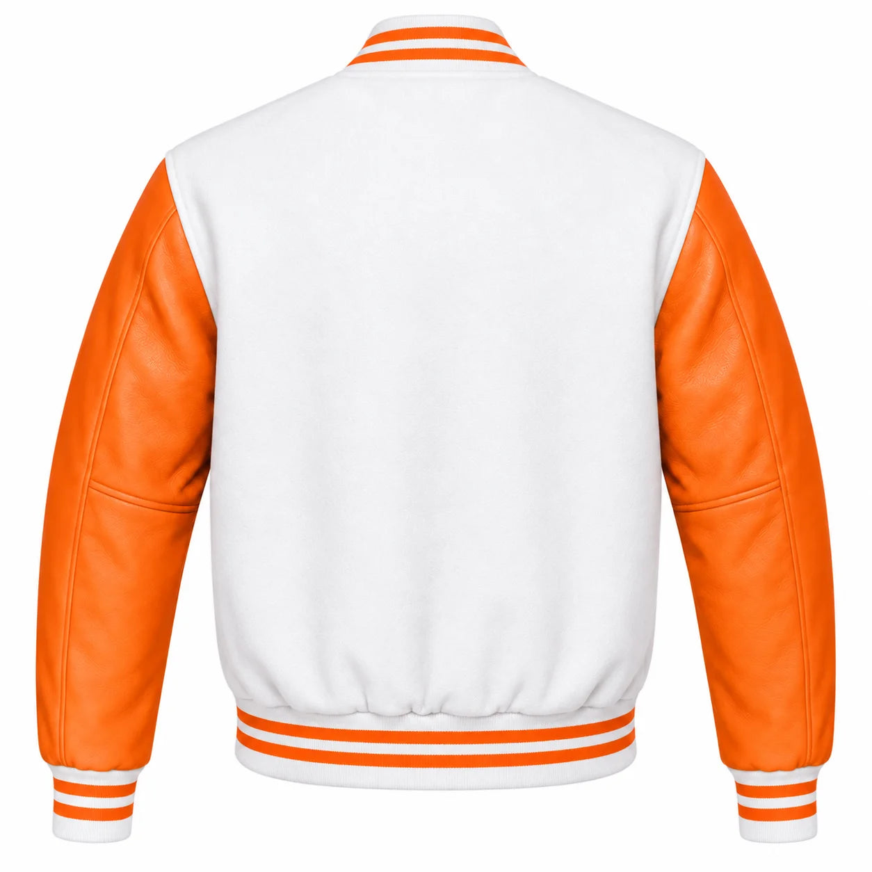 White and Orange Varsity Jacket with Wool Body and Leather Sleeves Back View