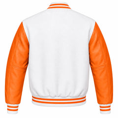 White and Orange Varsity Jacket with Wool Body and Leather Sleeves Back View