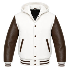 White and Brown Hooded Varsity Jacket