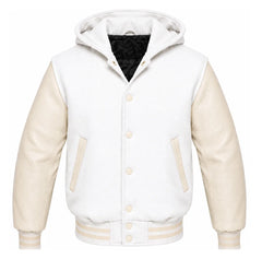 White and Cream Letterman Jacket with Hood