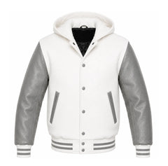 White and Grey Varsity Jacket with Hood