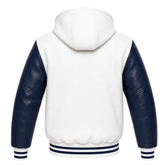 White and Navy Blue Hooded Varsity Jacket