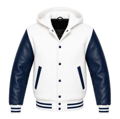 White and Navy Blue Hooded Varsity Jacket
