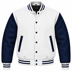 White and Navy Blue Wool Varsity Jacket