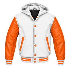 White and Orange Varsity Jacket with Hood