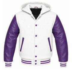 White and Purple Hooded Varsity Jacket