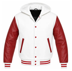 White and Red Hooded Letterman Jacket