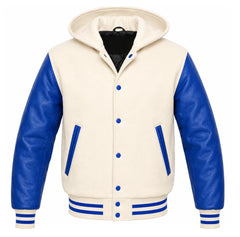 White and Royal Blue Hooded Varsity Jacket