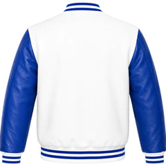White wool letterman jacket with royal blue cowhide sleeves, back view