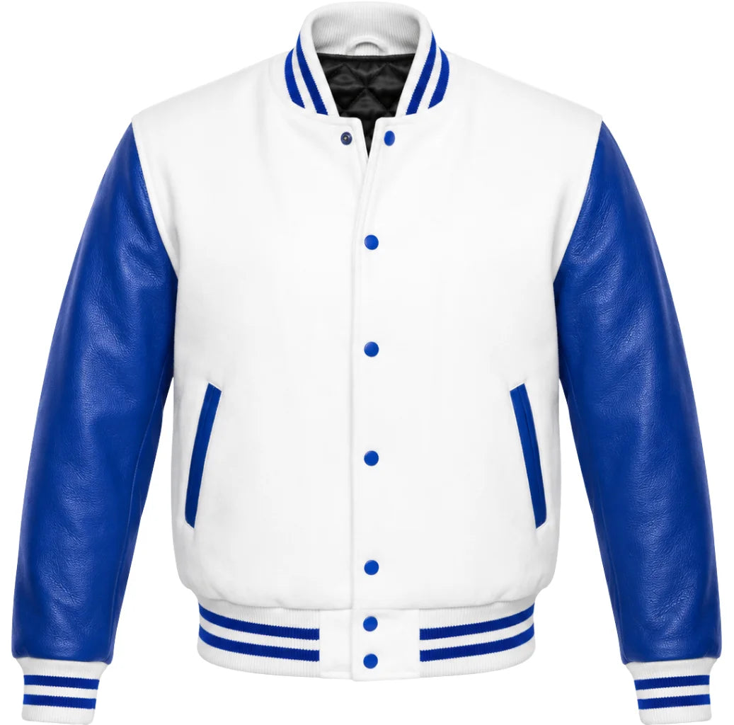 White melton wool letterman jacket, royal blue leather sleeves, front view