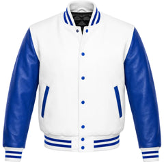 White melton wool letterman jacket, royal blue leather sleeves, front view