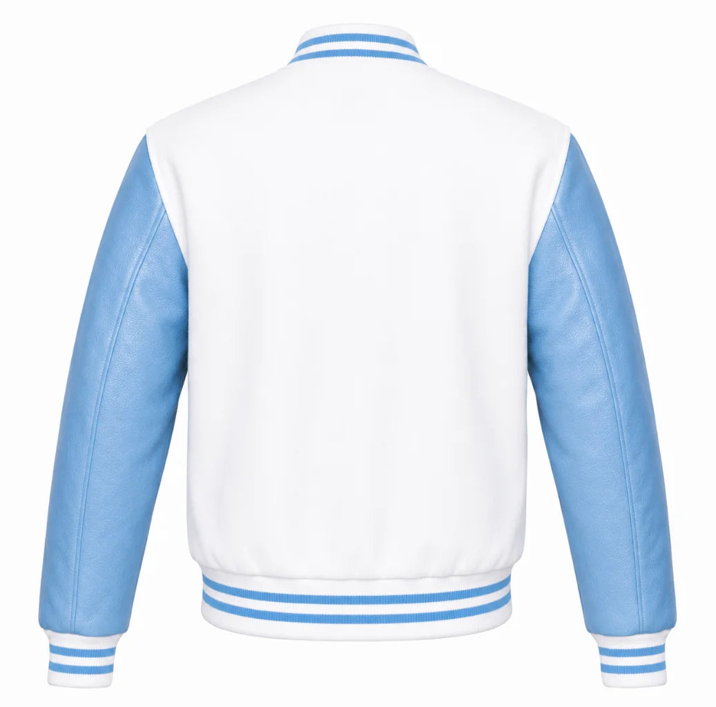 White wool varsity jacket, sky blue cowhide sleeves, back view