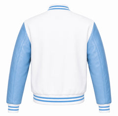 White wool varsity jacket, sky blue cowhide sleeves, back view
