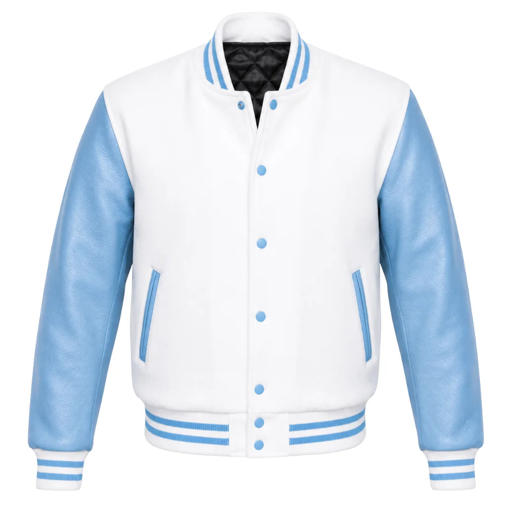 White melton wool varsity jacket with sky blue leather sleeves, front view