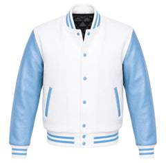 White melton wool varsity jacket with sky blue leather sleeves, front view