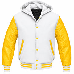 White and Yellow Letterman Jacket with Hood