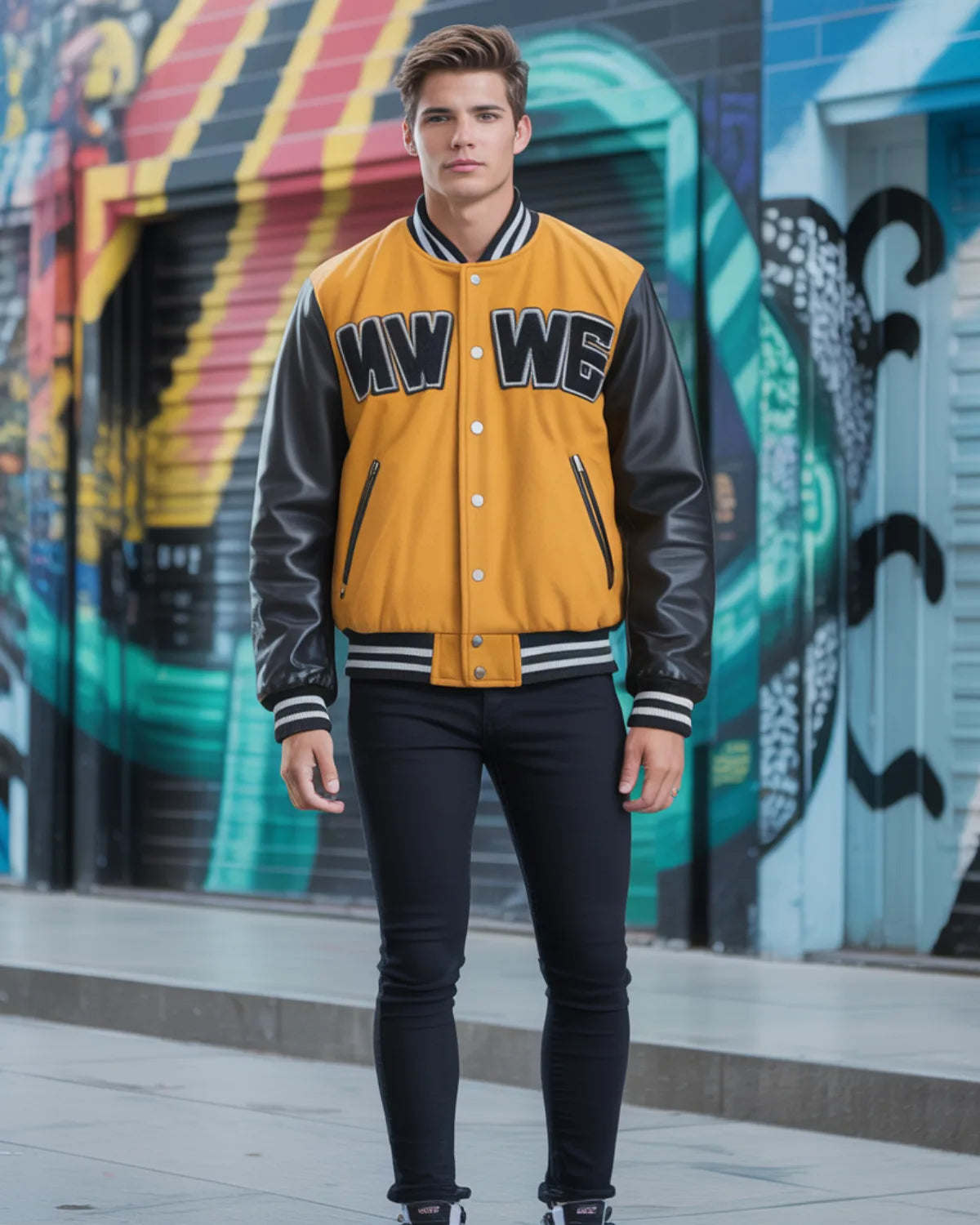 Man wearing a yellow varsity jacket with black lettering in front of a colorful graffiti wall.