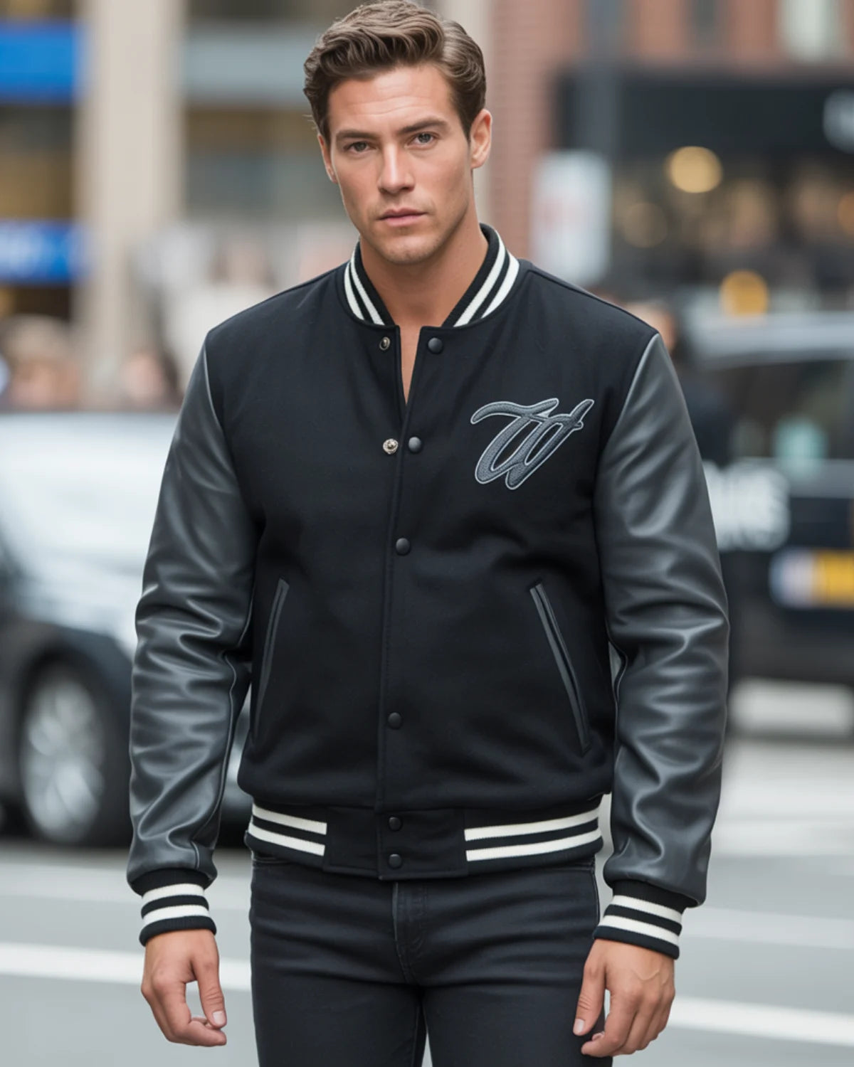 Man wearing a black varsity jacket with gray sleeves on a city street.