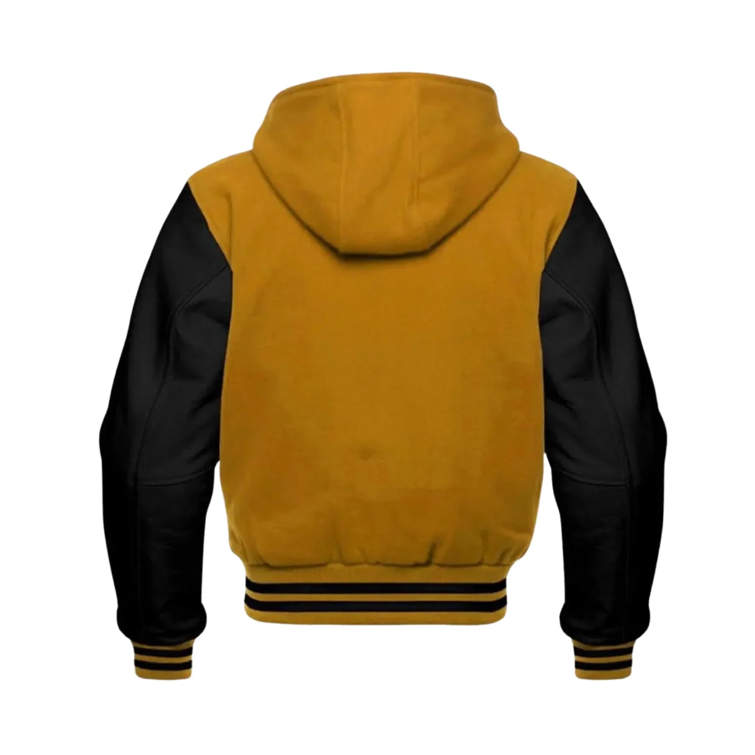 Yellow Wool and Black Leather Hooded Varsity Jacket Back Side
