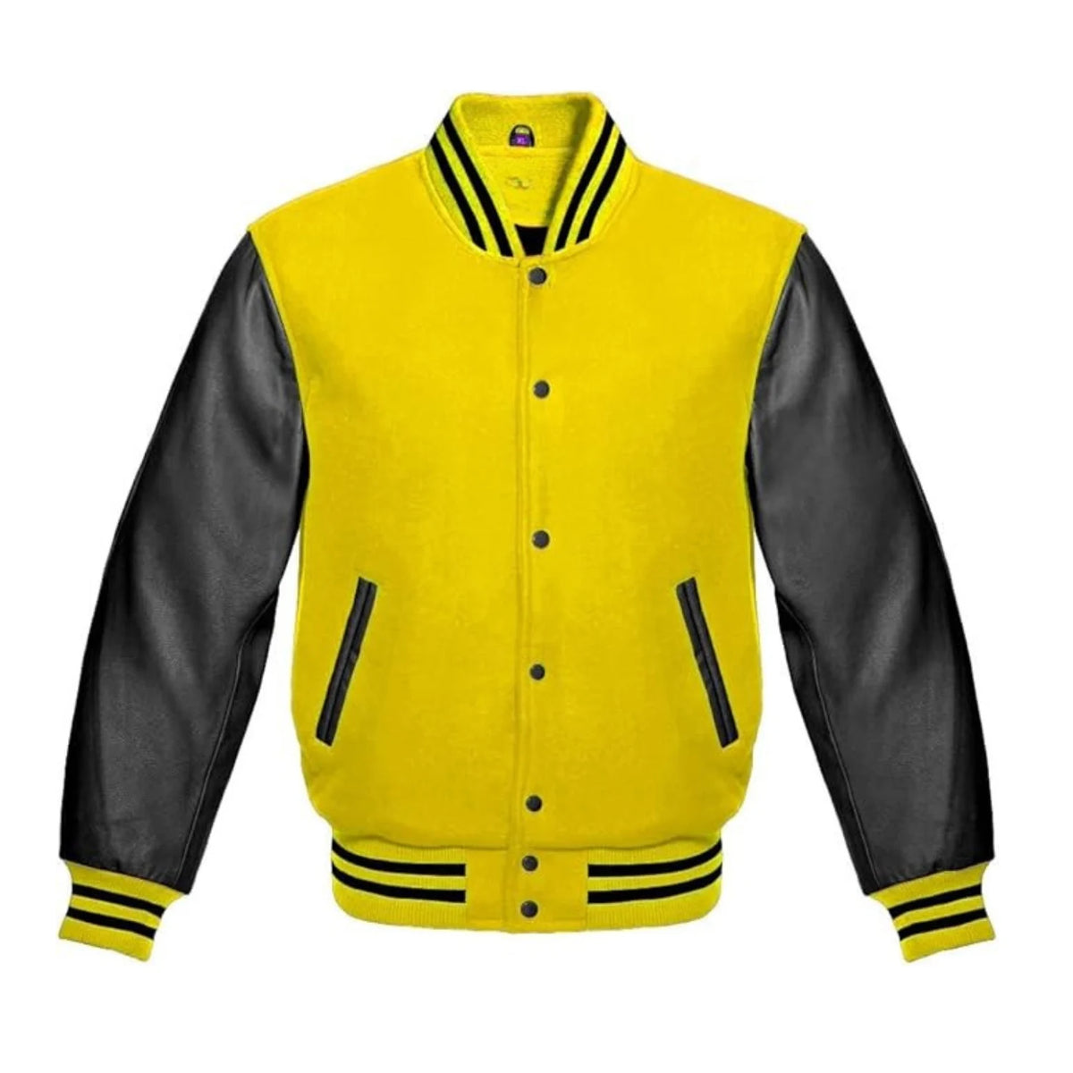 Yellow Wool and Black Leather Varsity Jacket