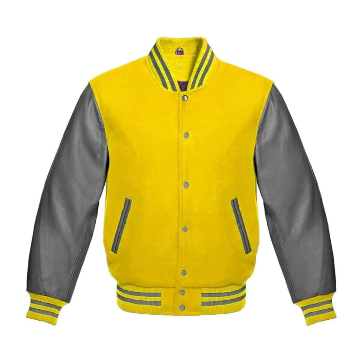 Yellow Wool and Grey Leather Varsity Jacket